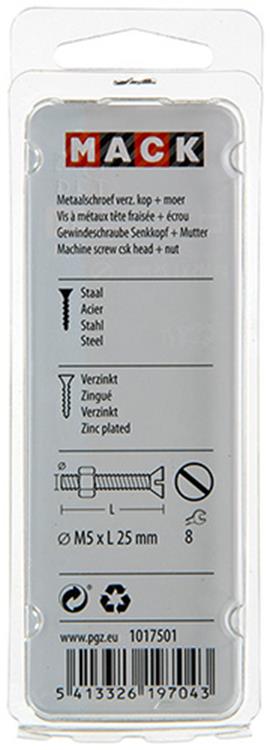 Mack 1017501 - vis à métal galvanisée. tête + écrou plaqué 14pcs m5 x 25 mm | 10 pièces