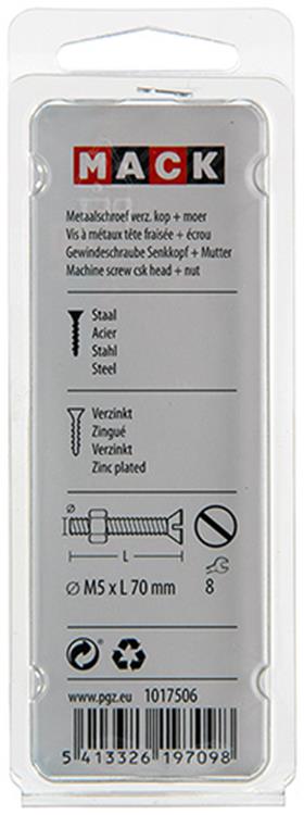 Mack 1017506 - vis à métal galvanisée. tête + écrou plaqué 6 pcs m5 x 70 mm | 10 pièces