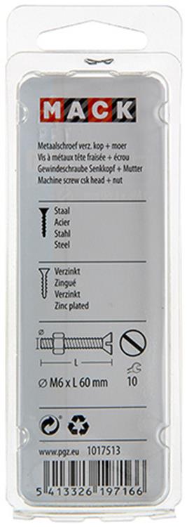 Mack 1017513 - vis à métal galvanisée. tête + écrou plaqué 5 pcs m6 x 60 mm | 10 pièces