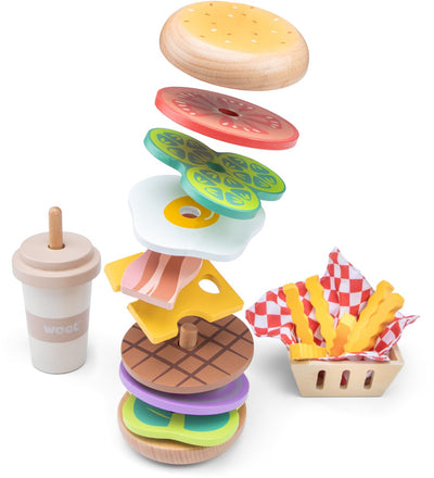 Woet ® set de jeu de restauration rapide en bois - hamburger, milkshake frites - nourriture jouet fsc® pour jeu de rôle - à partir de 2 ans
