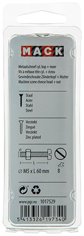 Mack 1017529 - vérin à vis métal. tête + écrou plaqué 6 pcs m5 x 60 mm | 10 pièces