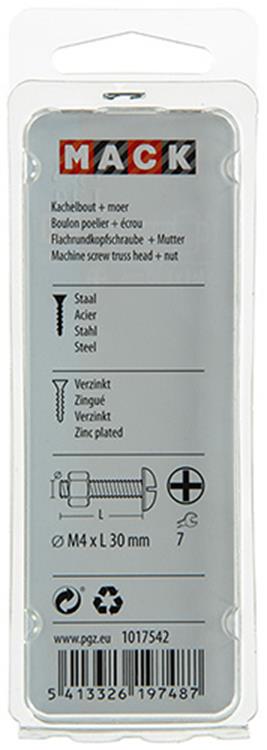 Mack 1017542 - boulon de chauffage + écrou acier galvanisé 16 pcs m4 x 30 mm | 10 pièces