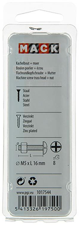 Mack 1017544 - boulon de poêle + écrou en acier galvanisé 16 pcs m5 x 16 mm | 10 pièces