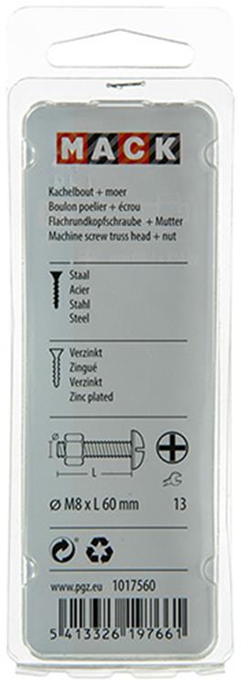 Mack 1017560 - boulon de chauffage + écrou acier galvanisé 4 pcs m8 x 60 mm | 5 pièces