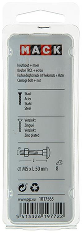 Mack 1017565 - boulon à bois + écrou en acier galvanisé 8 pcs m5 x 50 mm | 5 pièces