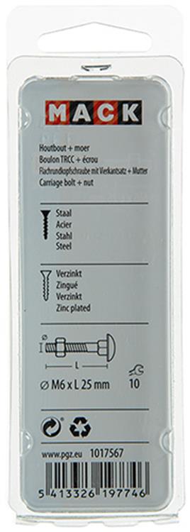 Mack 1017567 - boulon à bois + écrou en acier galvanisé 9 pcs m6 x 25 mm | 5 pièces