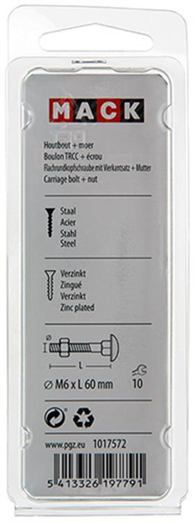 Mack 1017572 - boulon à bois + écrou en acier galvanisé 6 pcs m6 x 60 mm | 5 pièces