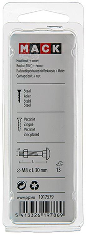 Mack 1017579 - boulon à bois + écrou en acier galvanisé 6 pcs m8 x 30 mm | 5 pièces