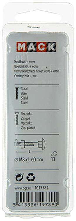 Mack 1017582 - boulon à bois + écrou en acier galvanisé 4 pcs m8 x 60 mm | 5 pièces