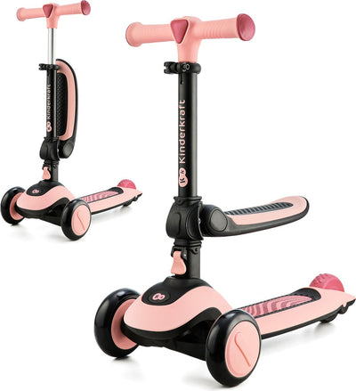 Kinderkraft Halley 2-en-1 draisienne et tricycle scooter – guidon de selle réglable – roues LED – pliable – 1-5 ans – max. 50 kg – rose