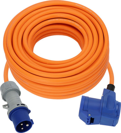 Câble de rallonge Brennerstuhl cee câble de 25 m en orange (fiche cee et raccord d'angle avec prise combinée avec indicateur de tension LED, 230 V 16 A, pour une utilisation permanente en extérieur, fabriqué en Allemagne)