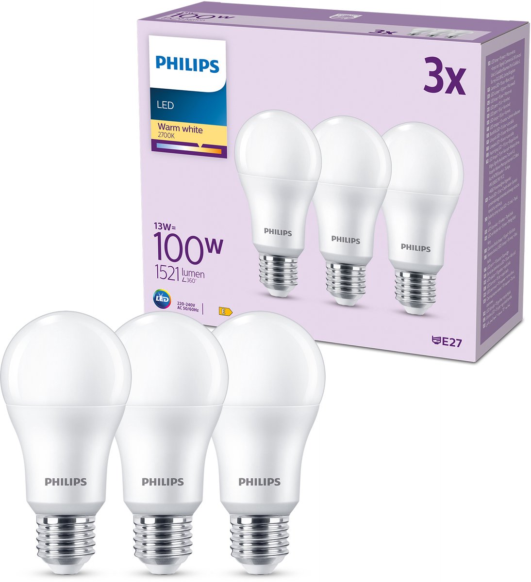 Lampe LED Philips mate - 100 w - E27 - lumière blanc chaud - 3 pièces
