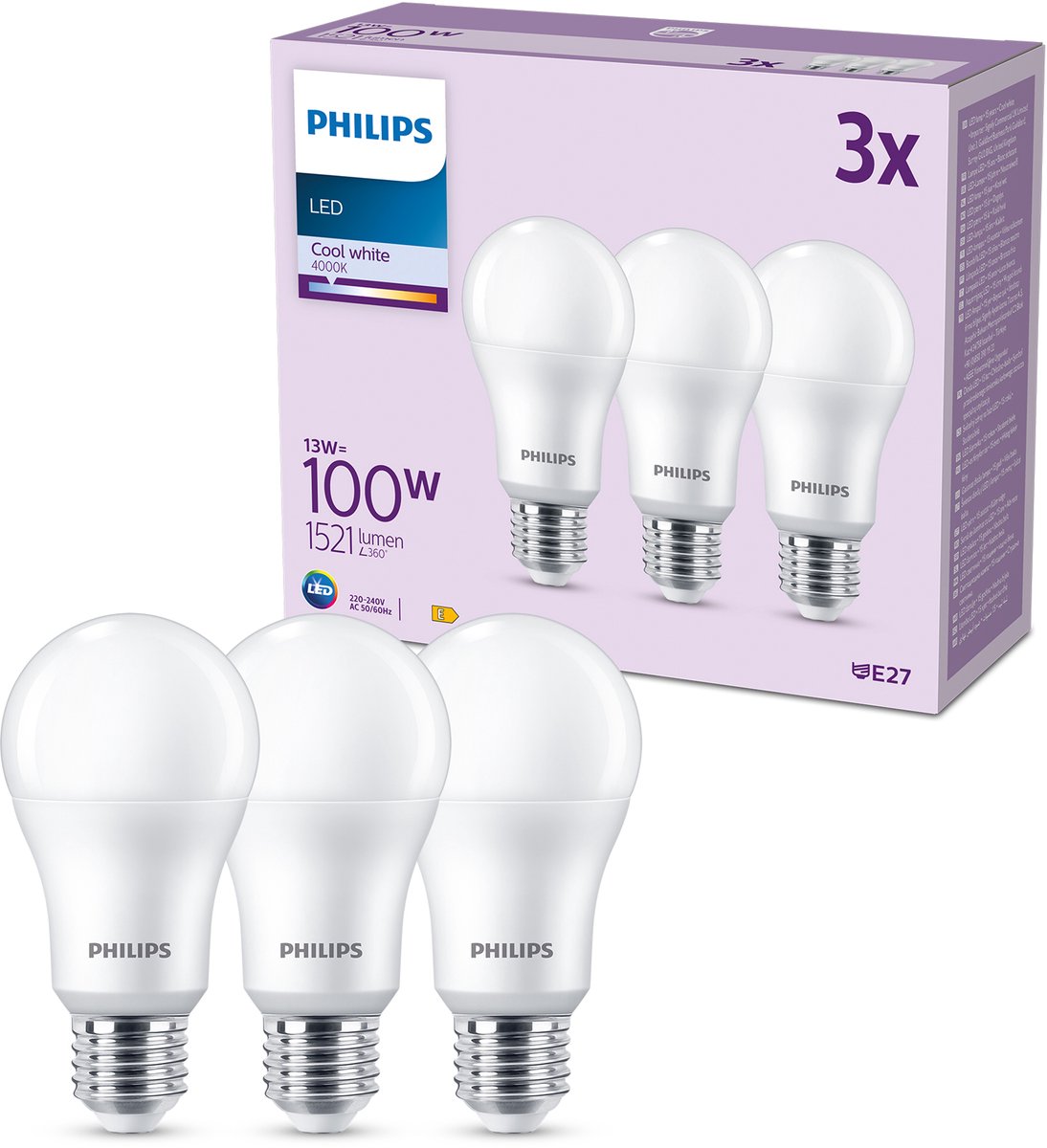 Lampe LED Philips mate - 100 w - E27 - lumière blanc froid - 3 pièces