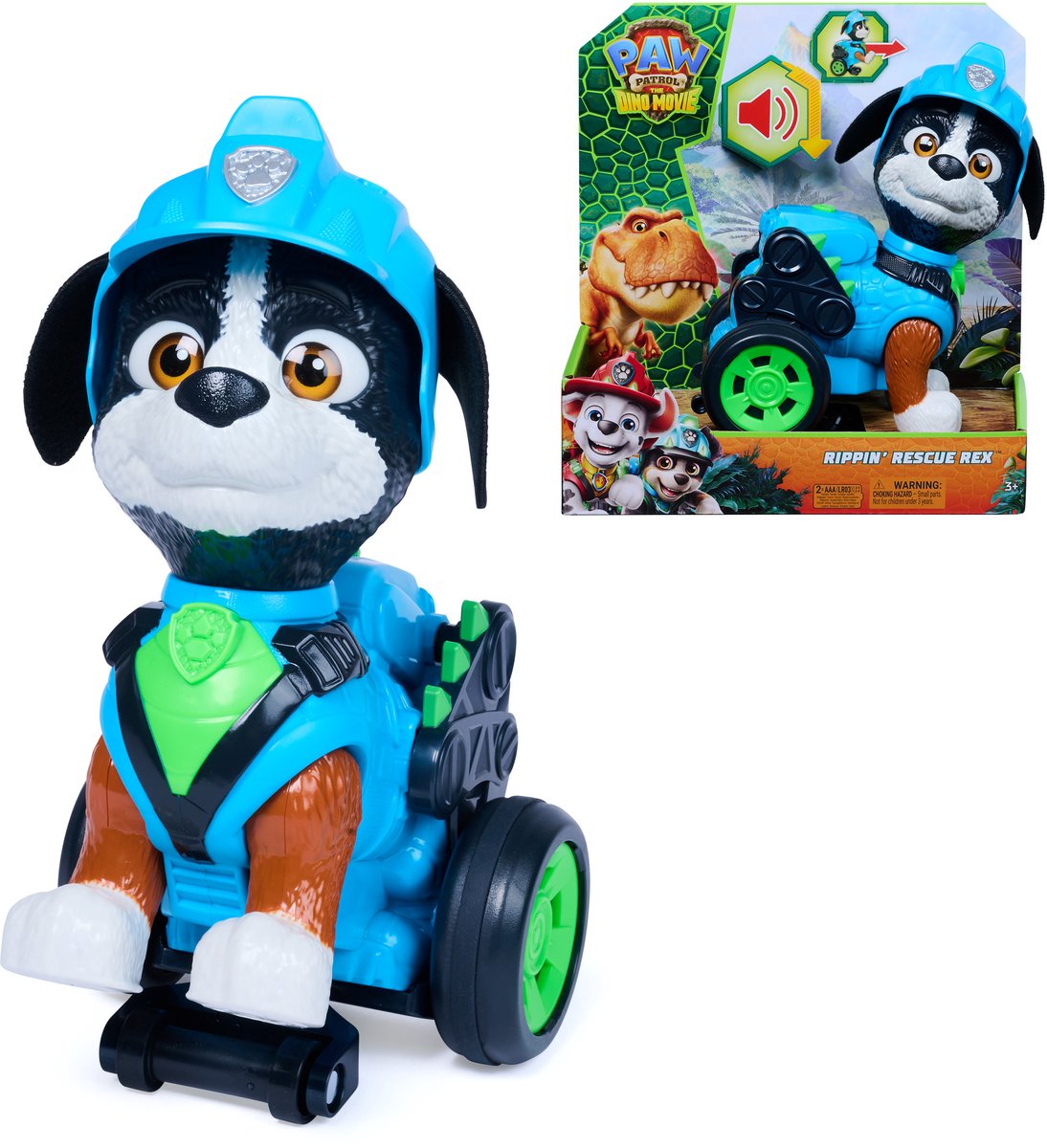 Paw Patrol - le film des dinosaures - Rippin Rescue Rex, figurine articulée rétractable de 20,3 cm avec sons et cascades activées