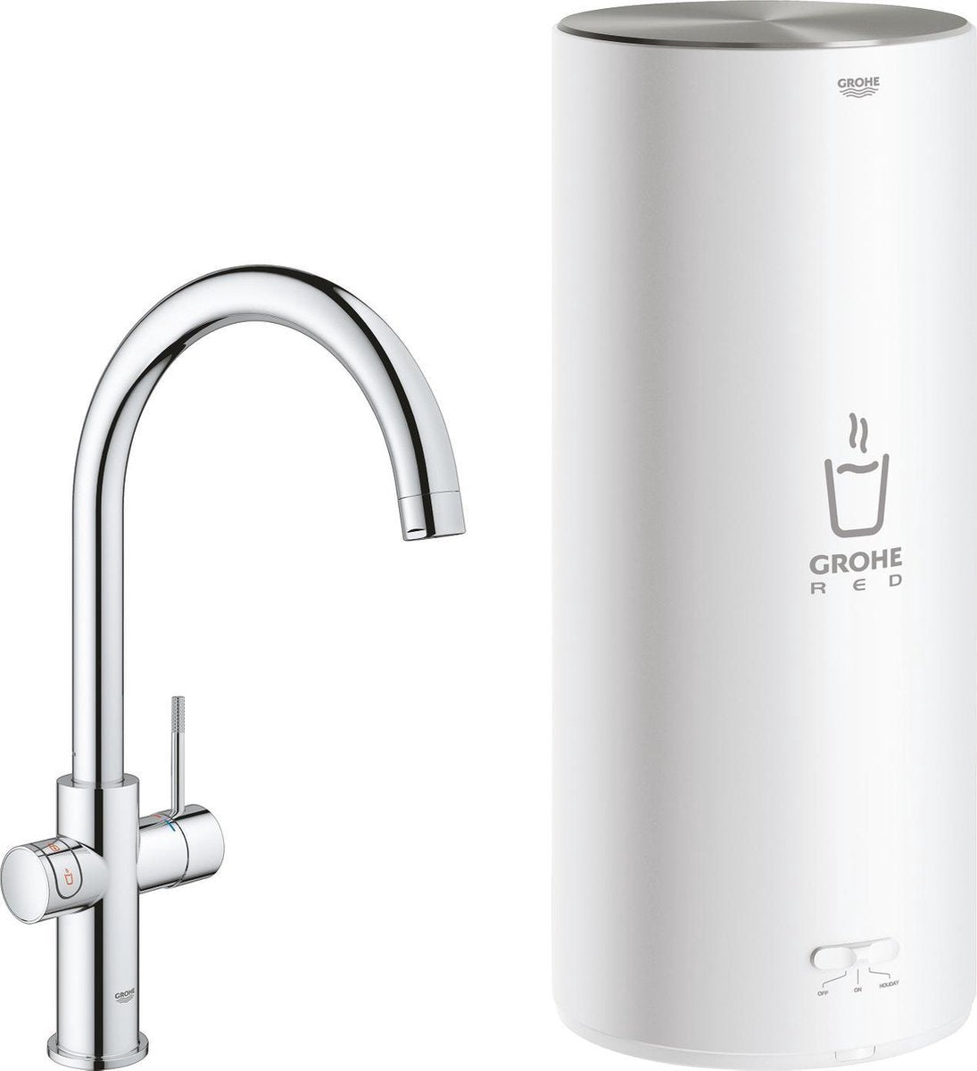 Robinet d'eau bouillante Grohe rouge 3 en 1 - bec en C - chaudière 7l - avec mitigeur - chrome