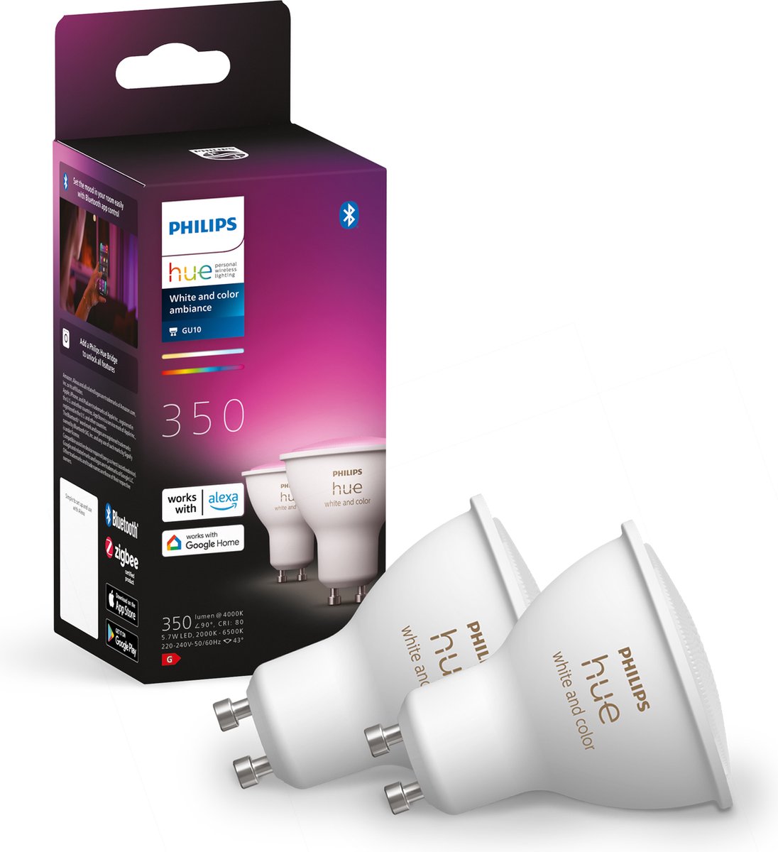 Philips hue spot - lumière blanche et colorée - pack de 2 - gu10
