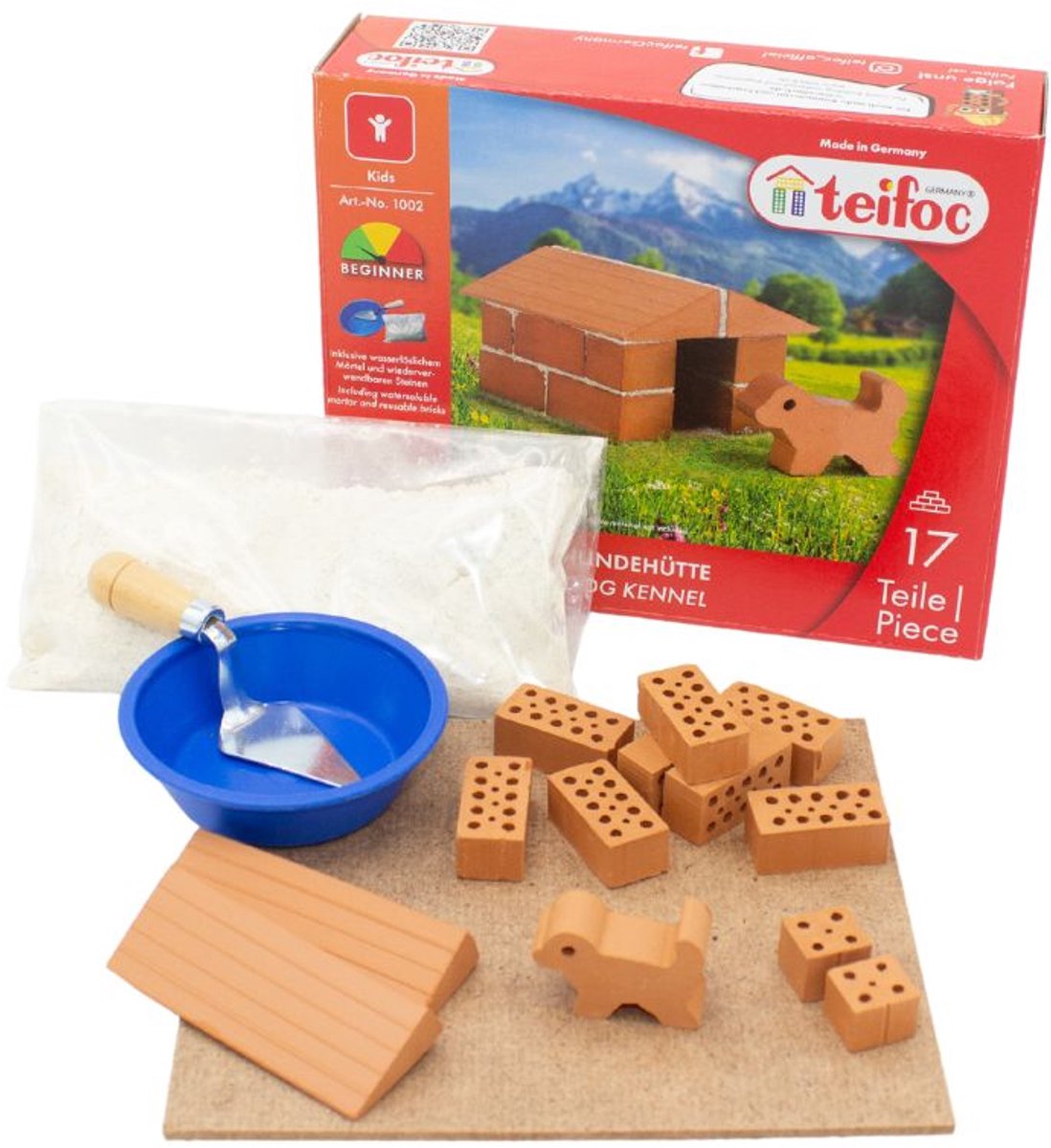 Coffret de construction Teifoc ® – Kit de construction niche pour chien – 17 pièces – Véritables mini briques avec ciment, bol et truelle – Kit de construction pour enfants à partir de 6 ans