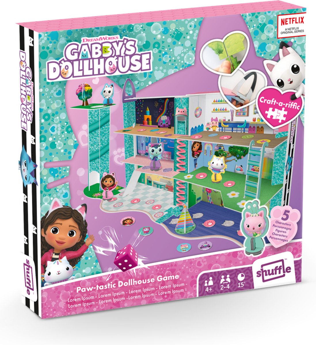 Shuffle ® Gabby's Dollhouse : jeu de maison de poupée chat-tastique - créez un plateau de jeu à partir de la boîte - jeu de société Gabby's Dollhouse avec pièces de construction