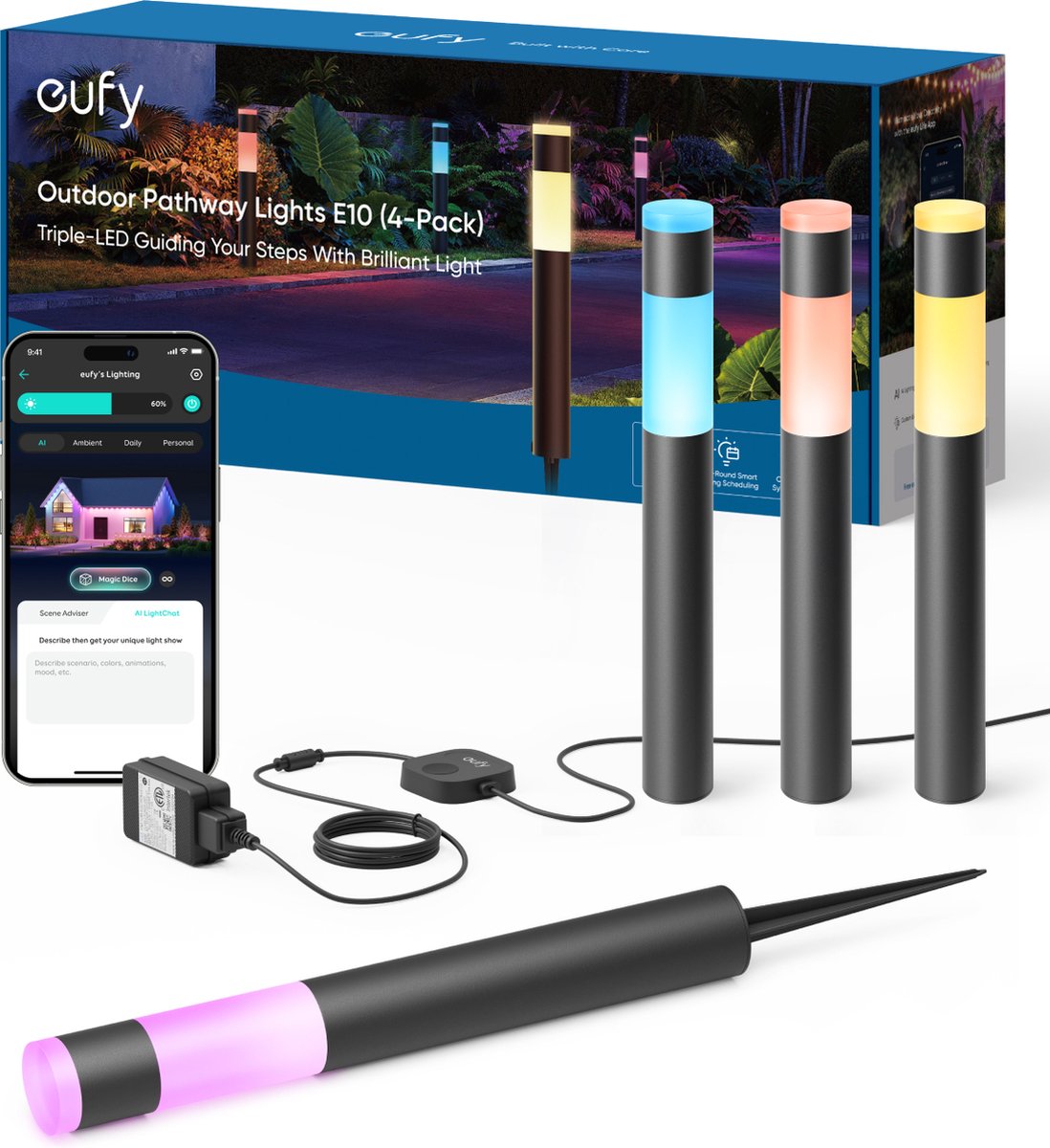 Eufy éclairage extérieur éclairage d'allée de jardin e10 4 pack - éclairage d'allée - éclairage extérieur intelligent avec LED RGBWW - luminosité 350 lumens - étanche IP65 - compatible avec Alexa et Google Assistant