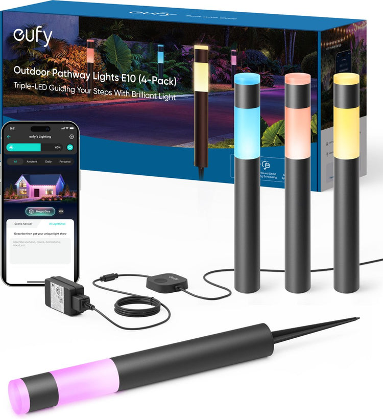 Eufy éclairage extérieur éclairage d'allée de jardin e10 4 pack - éclairage d'allée - éclairage extérieur intelligent avec LED RGBWW - luminosité 350 lumens - étanche IP65 - compatible avec Alexa et Google Assistant