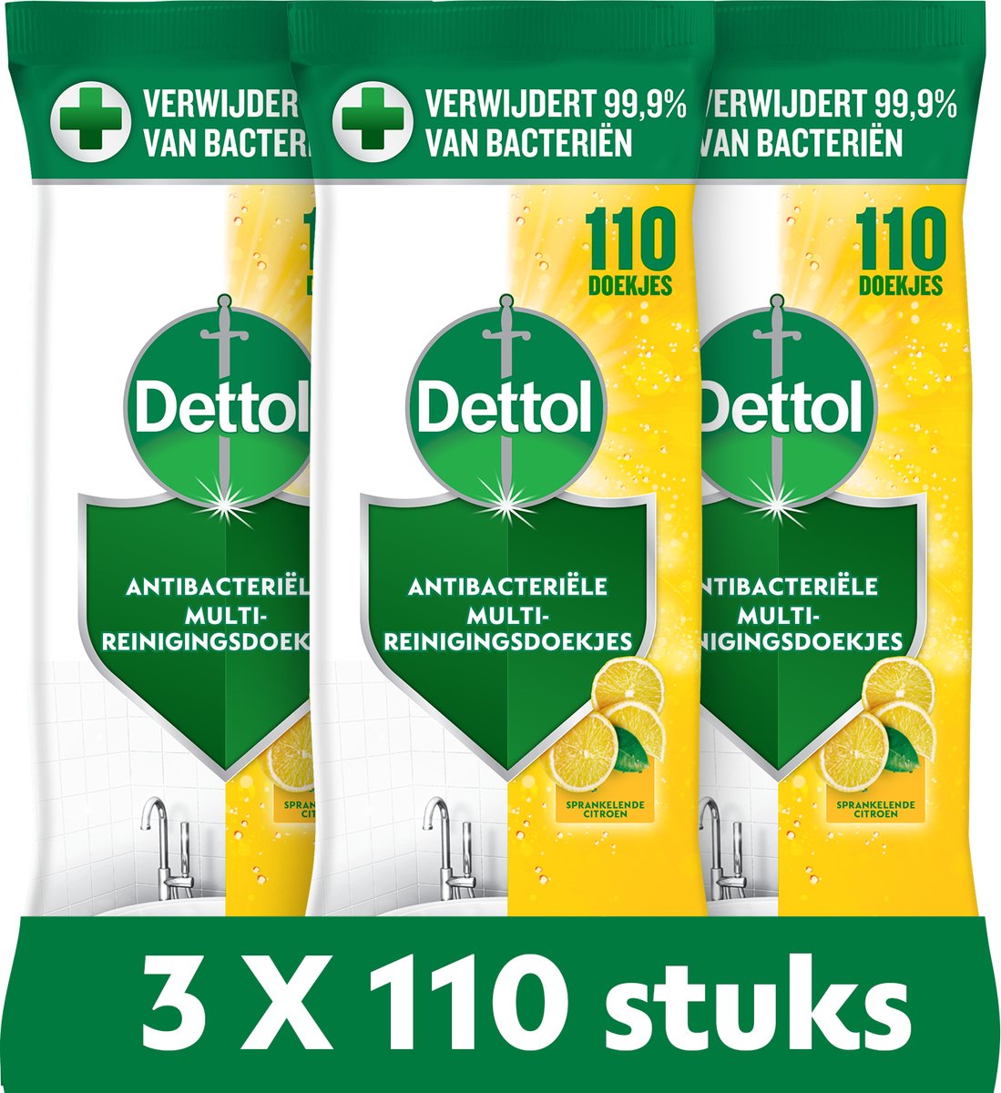 Lingettes nettoyantes antibactériennes Dettol - citron pétillant - 110 x 3 pièces - pack économique