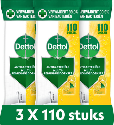 Lingettes nettoyantes antibactériennes Dettol - citron pétillant - 110 x 3 pièces - pack économique