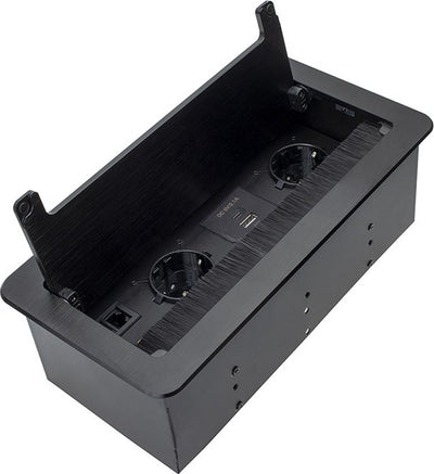 Boîte de réception lumineuse design D light - multiprise - fiche de distribution avec 2 prises - USB A et C - 1 HDMI - RJ45 - boîtier de distribution avec rabat - multiprise cachée intégrée avec câble de 1,5 mètre - noir