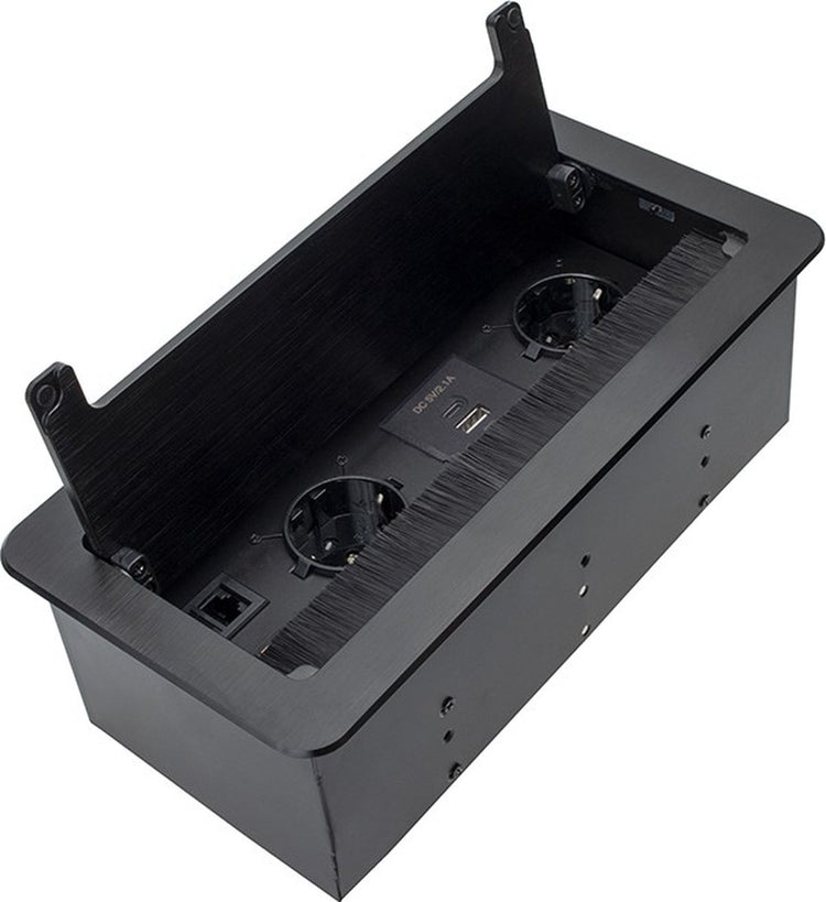 Boîte de réception lumineuse design D light - multiprise - fiche de distribution avec 2 prises - USB A et C - 1 HDMI - RJ45 - boîtier de distribution avec rabat - multiprise cachée intégrée avec câble de 1,5 mètre - noir