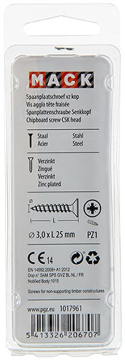 Mack 1017961 - vis pour panneaux d'aggloméré avec tête galvanisée jaune 100pcs 3,0 x 25 mm | 5 pièces