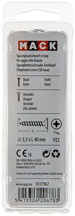 Mack 1017967 - vis pour panneaux d'aggloméré avec tête plaquée jaune. 55 pièces 3,5 x 40 mm | 5 pièces