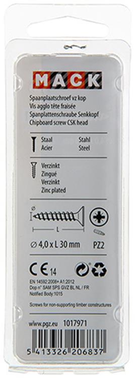 Mack 1017971 - vis pour panneaux d'aggloméré avec tête plaquée jaune. 60 pièces 4,0 x 30 mm | 5 pièces