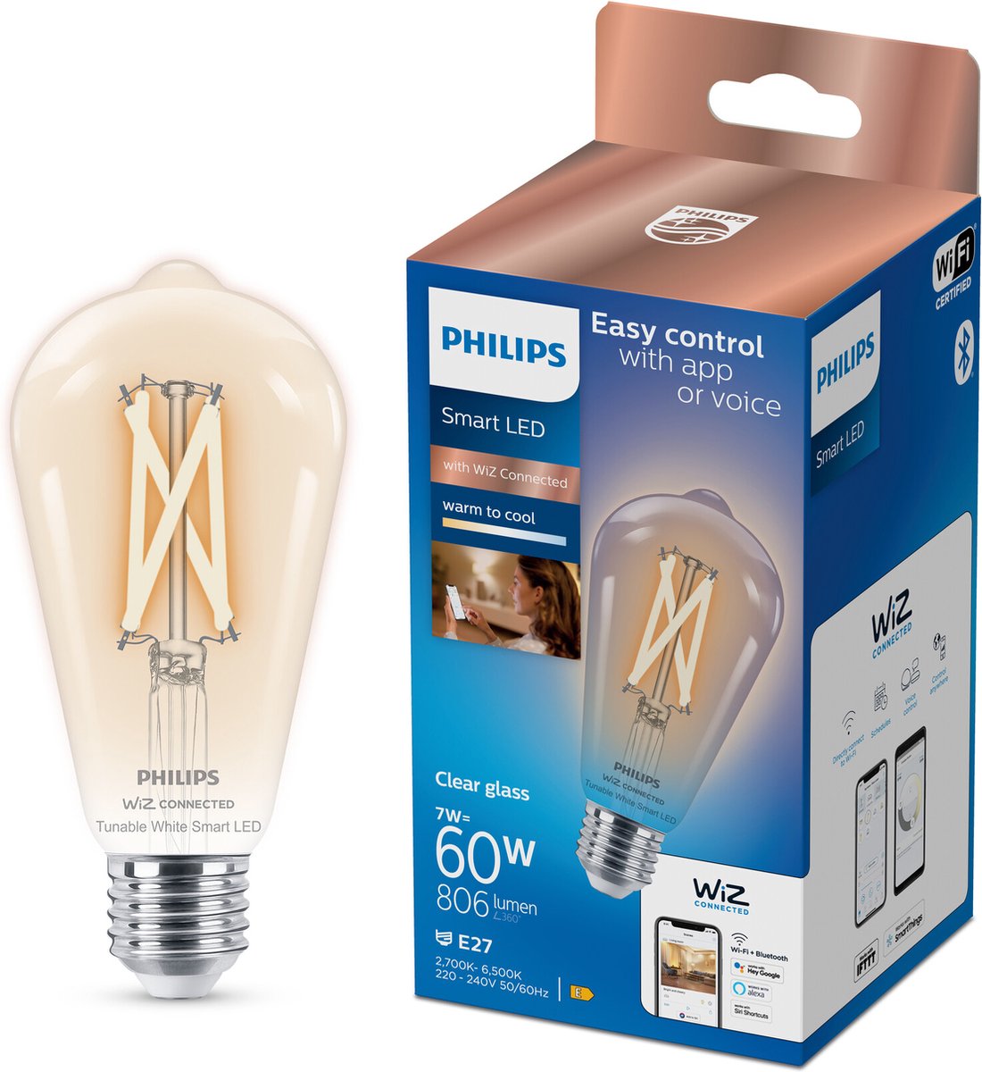 Éclairage intelligent Philips - filament edison - éclairage LED intelligent - lumière blanche chaude à froide - e27 - 60w - transparent - wi-fi