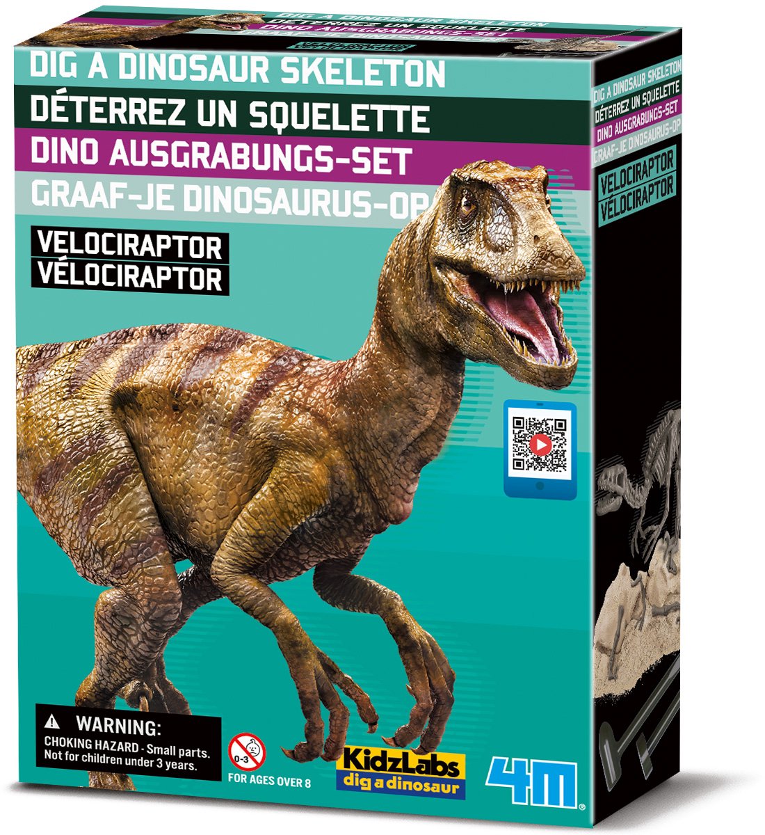 4m déterrez votre dinosaure - vélociraptor - kit d'excavation et modèle de squelette - kidzlabs - 8+