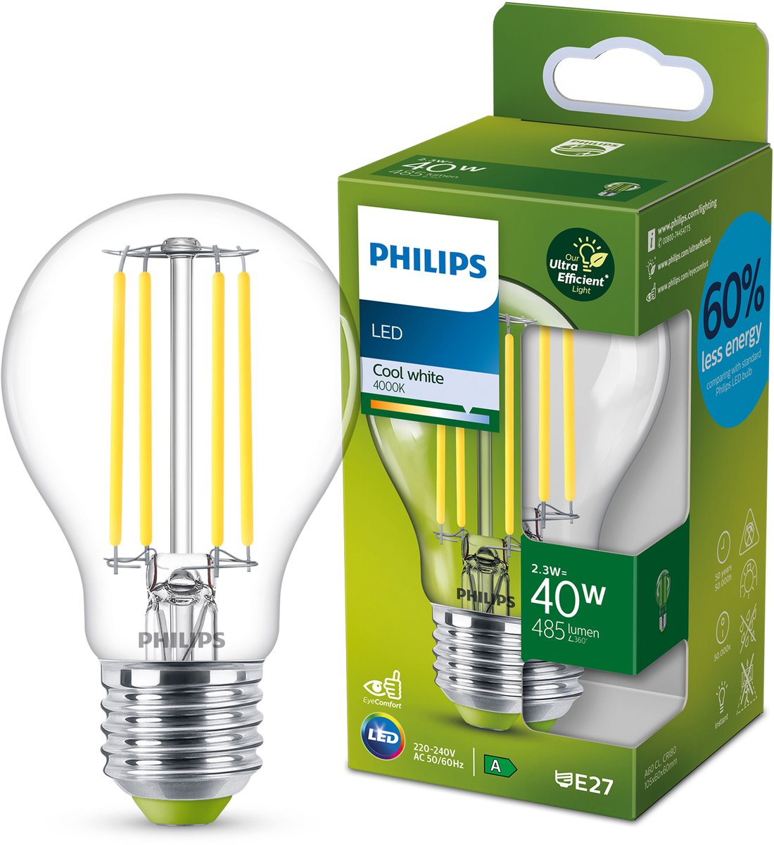 Philips LED Lampe LED ultra-efficace Philips - transparente - 40w - culot E27 - lumière blanc froid : 4000k - économisez sur les coûts énergétiques