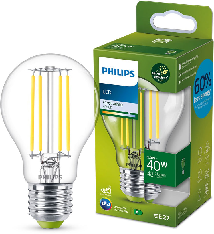 Philips LED Lampe LED ultra-efficace Philips - transparente - 40w - culot E27 - lumière blanc froid : 4000k - économisez sur les coûts énergétiques