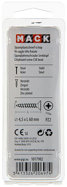 Mack 1017982 - vis pour panneaux d'aggloméré avec tête plaquée jaune. 25 pièces 4,5 x 60 mm | 5 pièces