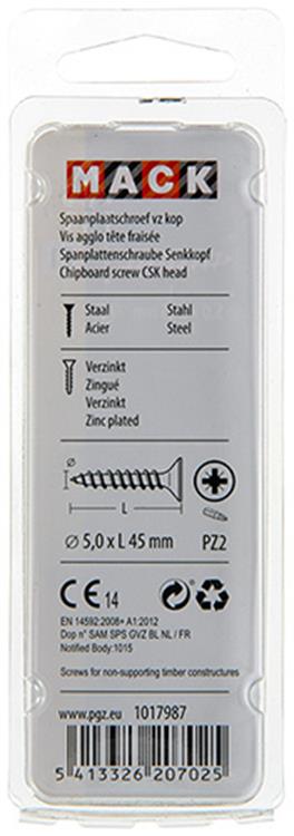 Mack 1017987 - vis pour panneaux d'aggloméré avec tête plaquée jaune. 27 pièces 5,0 x 45 mm | 5 pièces