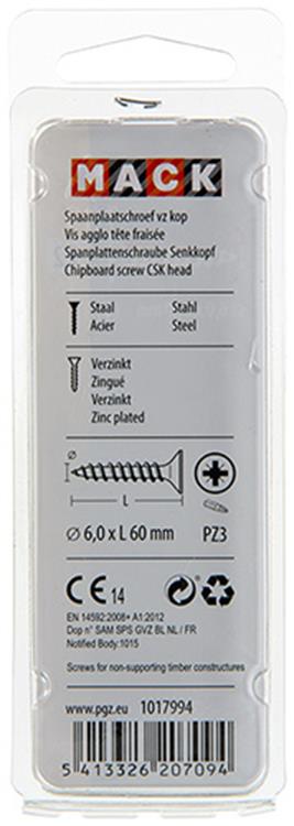 Mack 1017994 - vis pour panneaux d'aggloméré avec tête plaquée jaune. 16 pièces 6,0 x 60 mm | 5 pièces