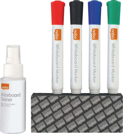 Kit de démarrage pour nettoyage à sec pour tableaux blancs Nobo - 1 spray - 4 marqueurs - 1 gomme