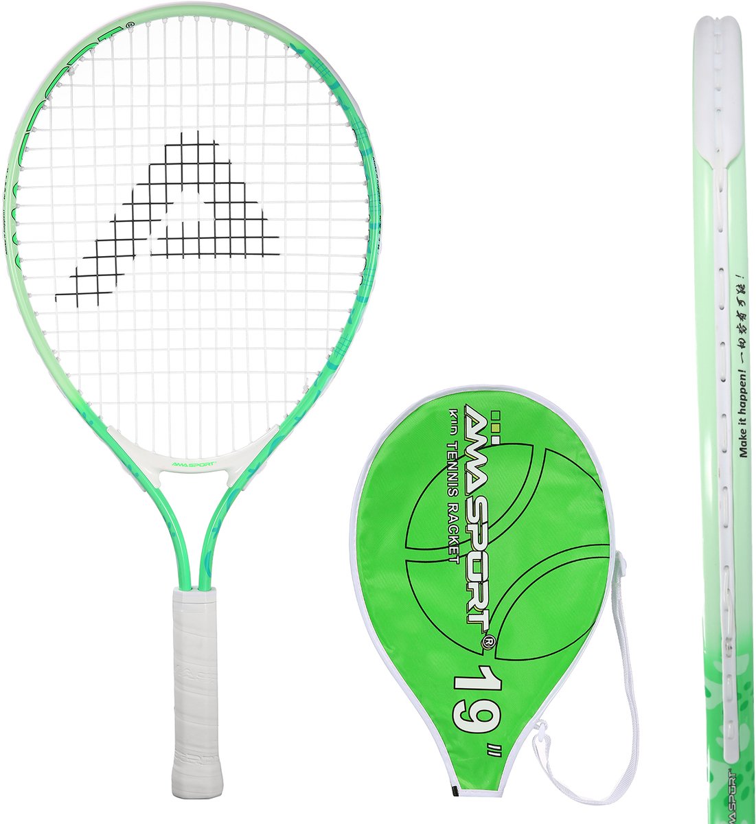 Raquette de tennis enfant Ama sport verte 19 pouces - raquette junior légère avec sac - idéale pour les débutants -