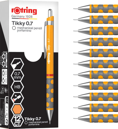 Porte-mine Rotring tikky | hb 0,7 mm | manche souci (orange) | léger avec poignée en caoutchouc | 12 pièces