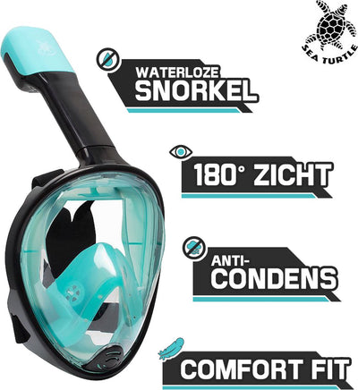 Masque de plongée pour tortue de mer - tuba - lunettes de plongée - ensemble de tuba - masque complet - adultes - noir turquoise - L XL