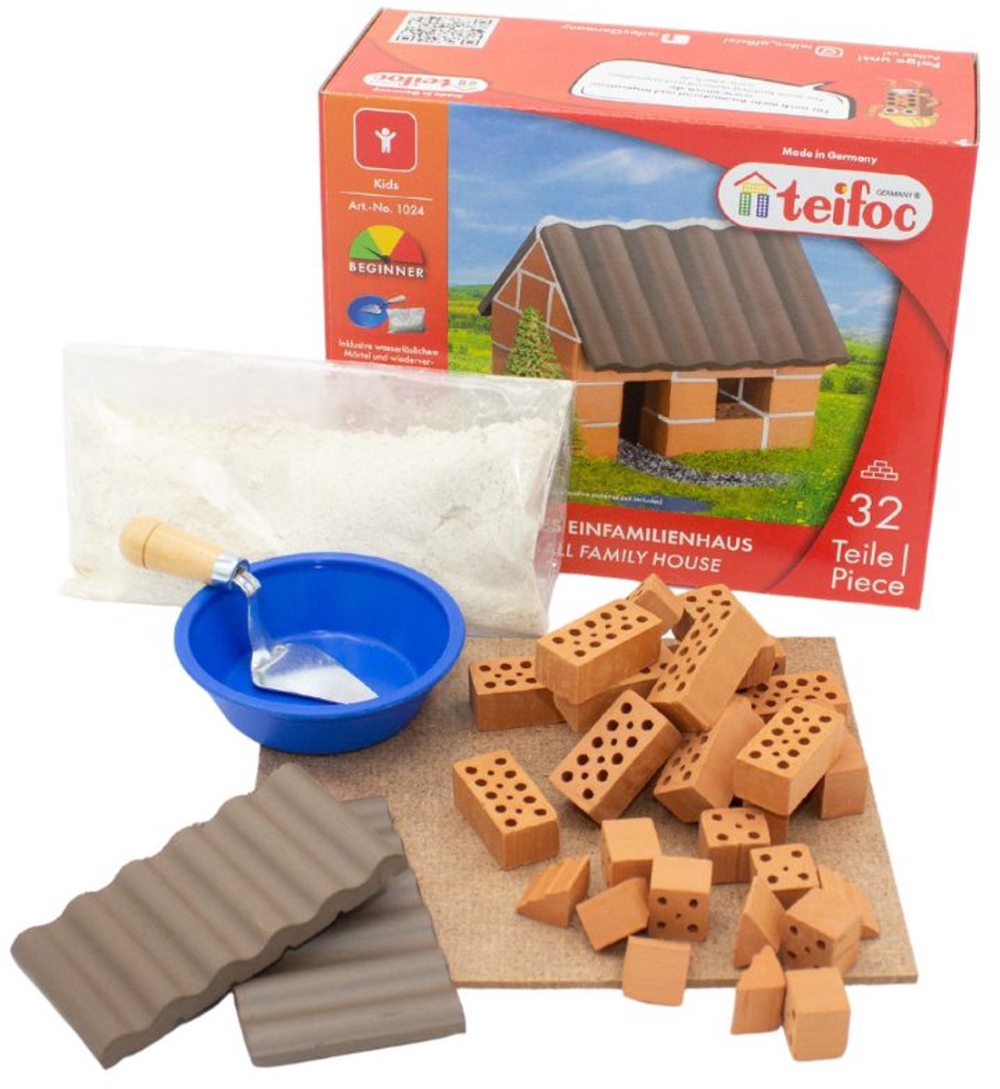 Coffret de construction Teifoc ® – jeu de construction petite maison – 35 pièces – véritables mini briques avec ciment, bol et truelle – kit de construction pour enfants à partir de 6 ans