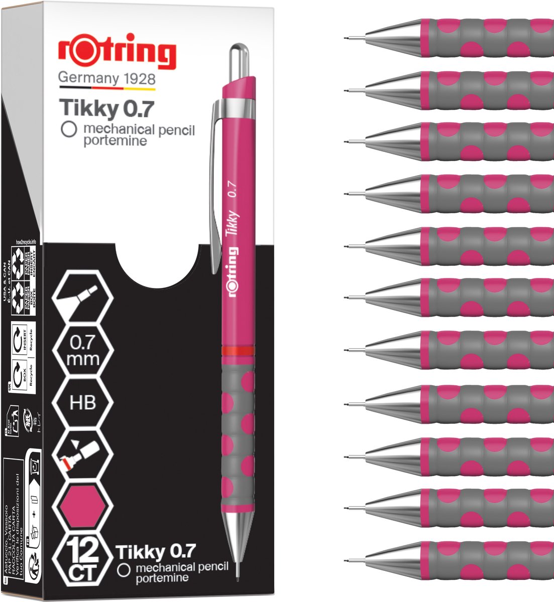 Porte-mine Rotring tikky | hb, 0,7 mm | pochette magenta (rose) | léger avec poignée en caoutchouc | 12 pièces