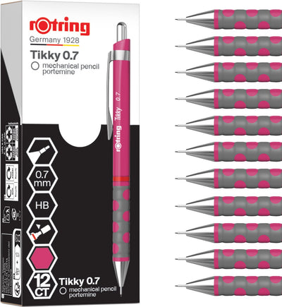Porte-mine Rotring tikky | hb, 0,7 mm | pochette magenta (rose) | léger avec poignée en caoutchouc | 12 pièces