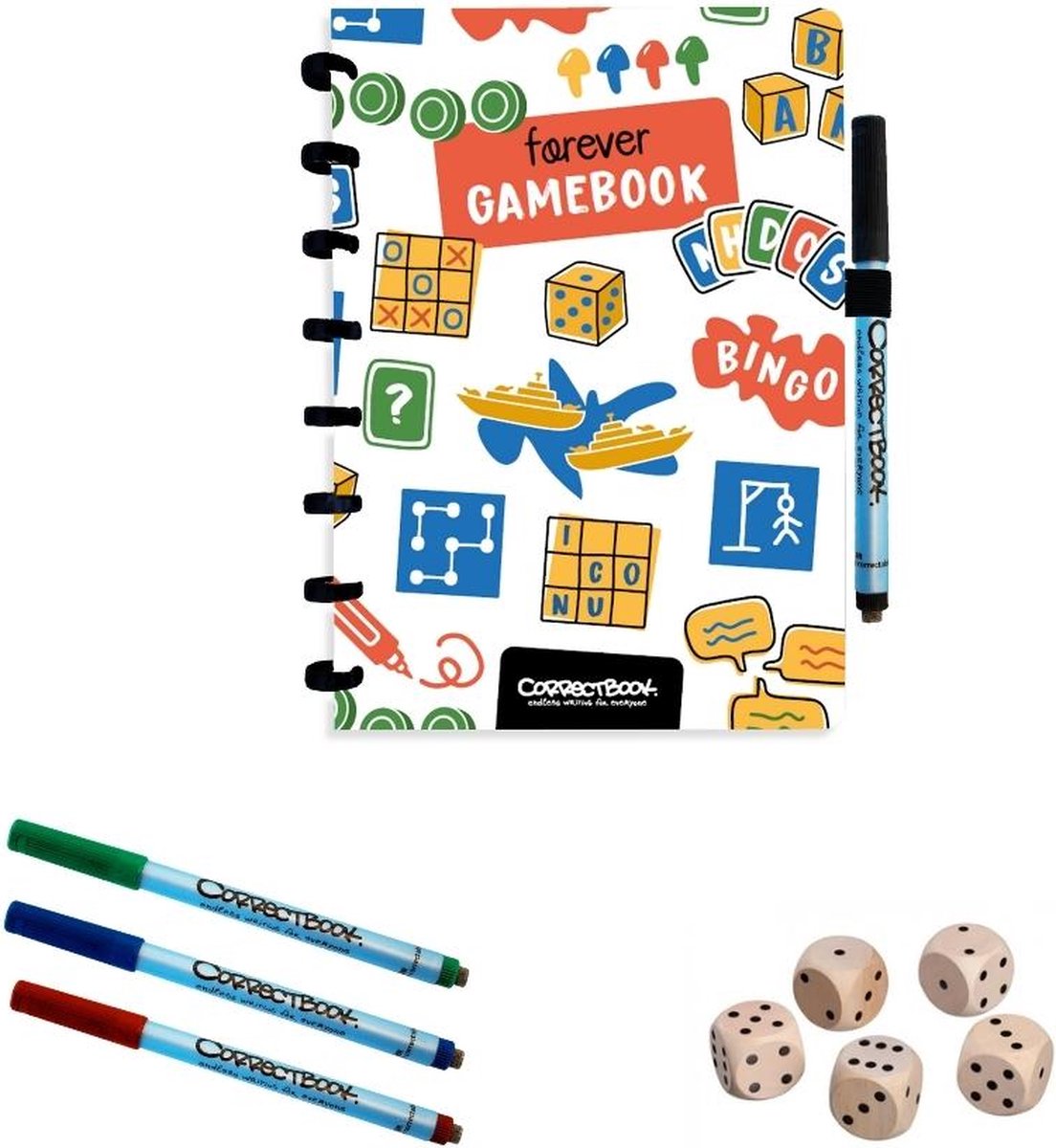 Carnet effaçable Correctbook A5 – Livre de jeu éternel – Livre de jeux réutilisable – comprenant des stylos, un chiffon, des dés – peut également être utilisé comme livre de scores