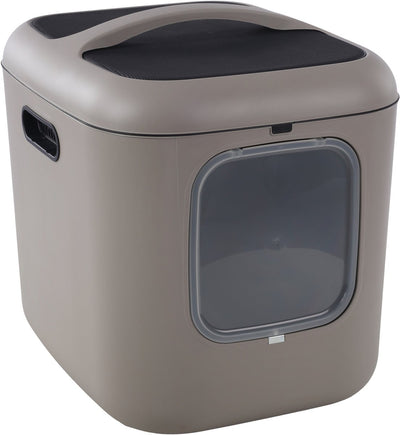Bac à litière Flamingo – ligne design xxl – romy taupe – 61,5x50x57,5 cm – extra spacieux – plastique recyclé – avec filtre à charbon à porte magnétique – facile à nettoyer – pour grands chats