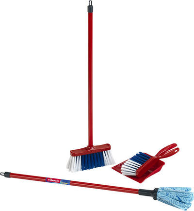 Klein Toys vileda Kit de nettoyage pour jouets 4 pièces - vadrouille, balai, pelle et pelle à poussière - plastique de haute qualité - rouge bleu