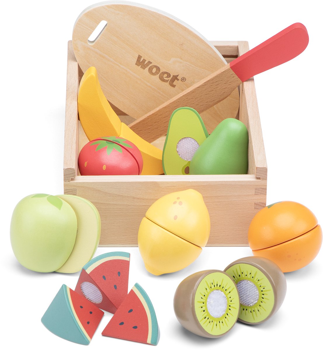 Woet ® set de découpe en bois fruits dans une boîte de rangement - set de jeu avec planche à découper, pomme, banane, citron, fraise - jouet éducatif nourriture - jeux de rôle jouets de cuisine - à partir de 2 ans