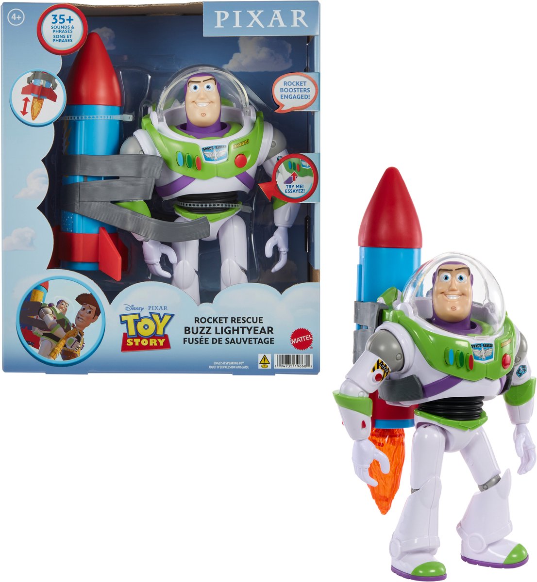 Figurine Mattel Pixar Buzz l'Éclair avec fusée - grande figurine articulée.